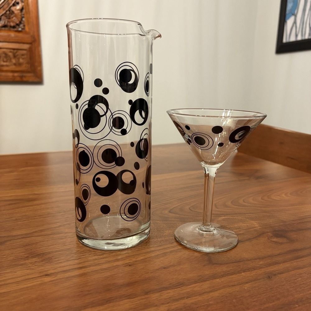 Vintage Libbey Kinney Mod Martini Pitcher & Glass Black Circles MCM Barware 60s
